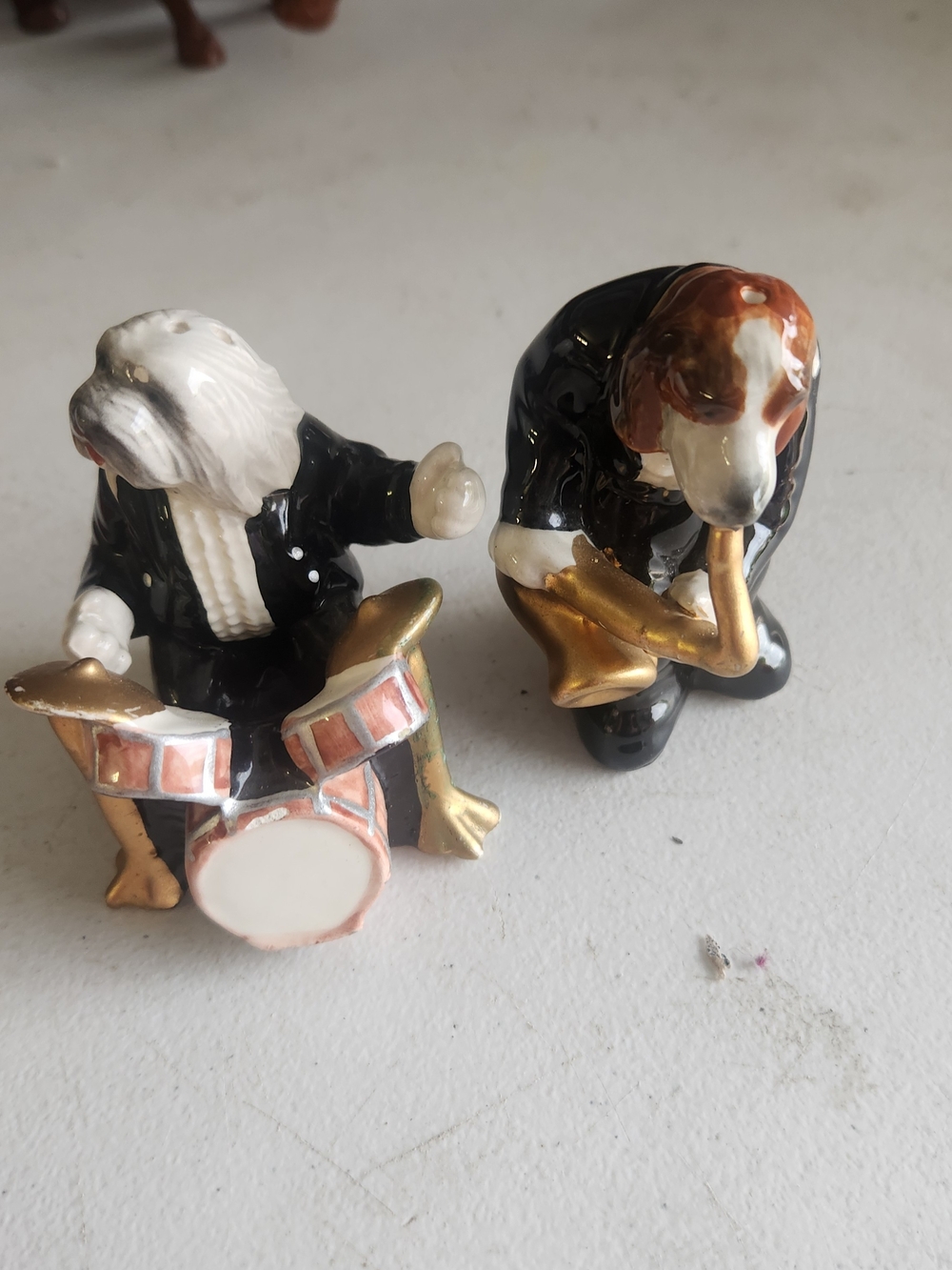 Ceramic Dog Musician Figurines in Black, White and Gold - Set of 2